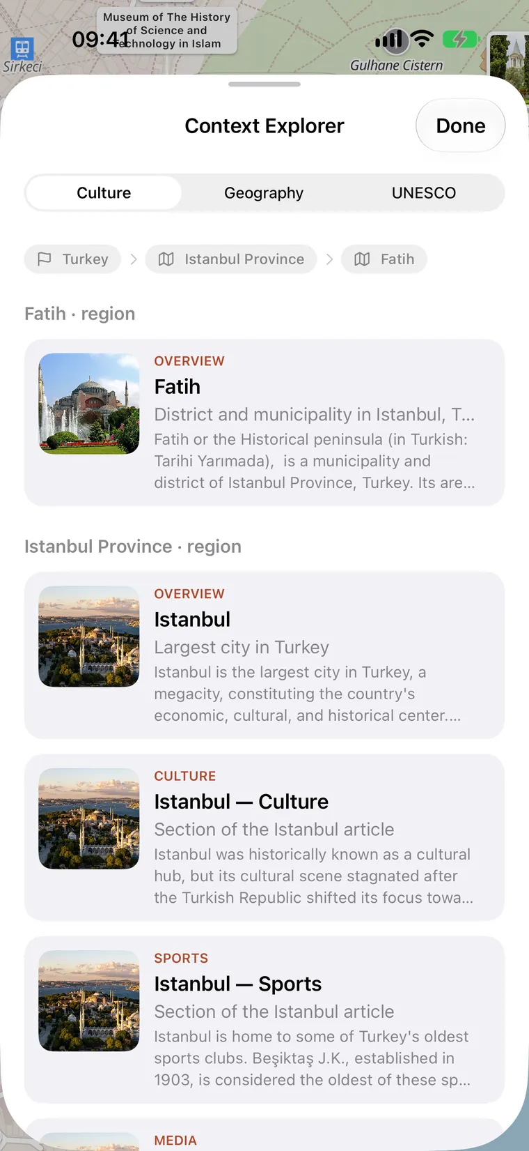 The Context Explorer over Istanbul: Culture, Geography and UNESCO, from Turkey down to the Fatih district.